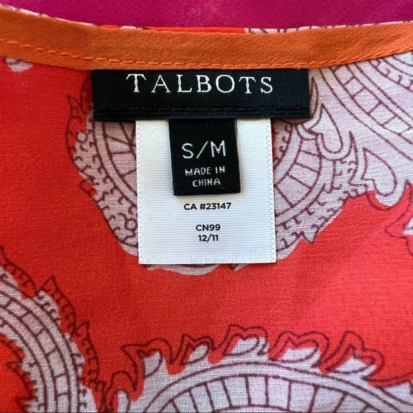 Talbots 100% Silk Paisley Chiffon Top Size S / M Pink Orange 14423 - Picture 6 of 7